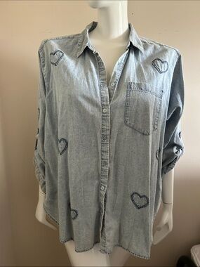 Jane and Delancey Light Blue Denim Button-Down Shirt with Heart Embroidery